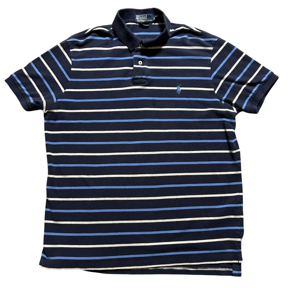 VTG Y2K Polo Ralph Lauren Polo Shirt Men XL Navy Blue Striped Custom Fit Cotton